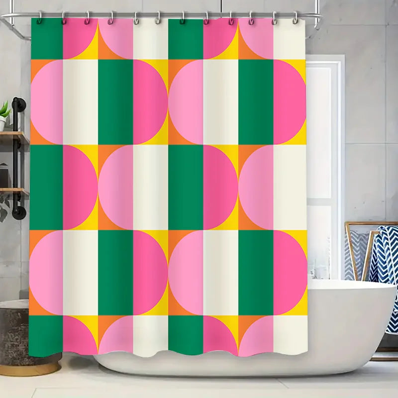rideau douche moderne géométrique vert rose jaune blanc anneaux fixation 150x180cm