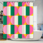 rideau douche moderne géométrique vert rose jaune blanc anneaux fixation 150x180cm