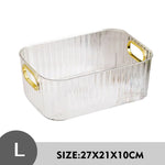 boîtes rangement transparentes paniers minimalistes poignées métalliques dorées moderne texture géométrique