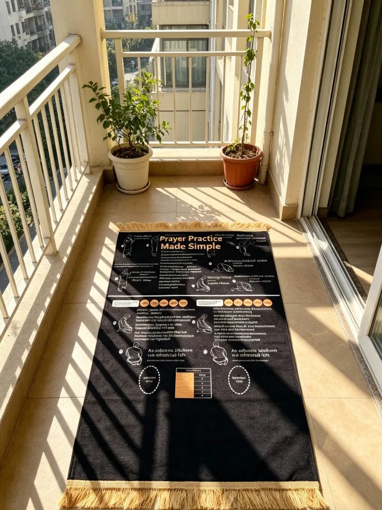 tapis prière musulman géométrique instructions didactique noir moderne étapes symboliques İslam