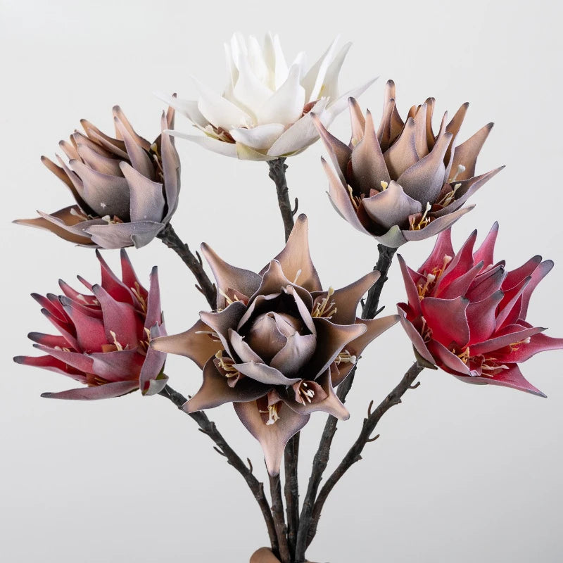 fleurs artificielles protea king violet vert blanc rouge decoration mariage anniversaire intérieur naturel