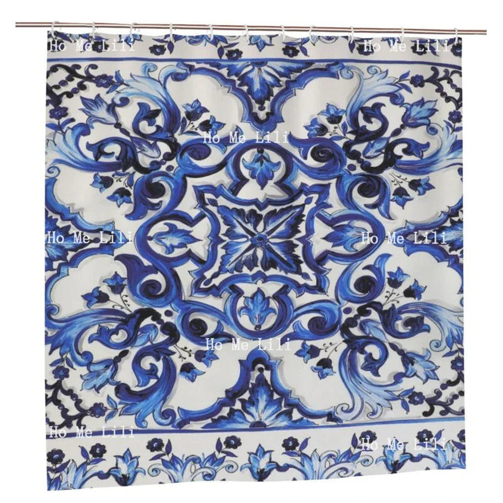 rideau douche polyester floral élégant blanc bleu métalliques classique large dimension