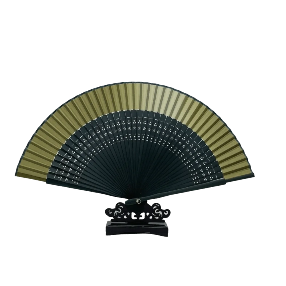 éventail traditionnel rose clair vert noir rayures géométriques opacité pliant bambou tissu pompon rouge
