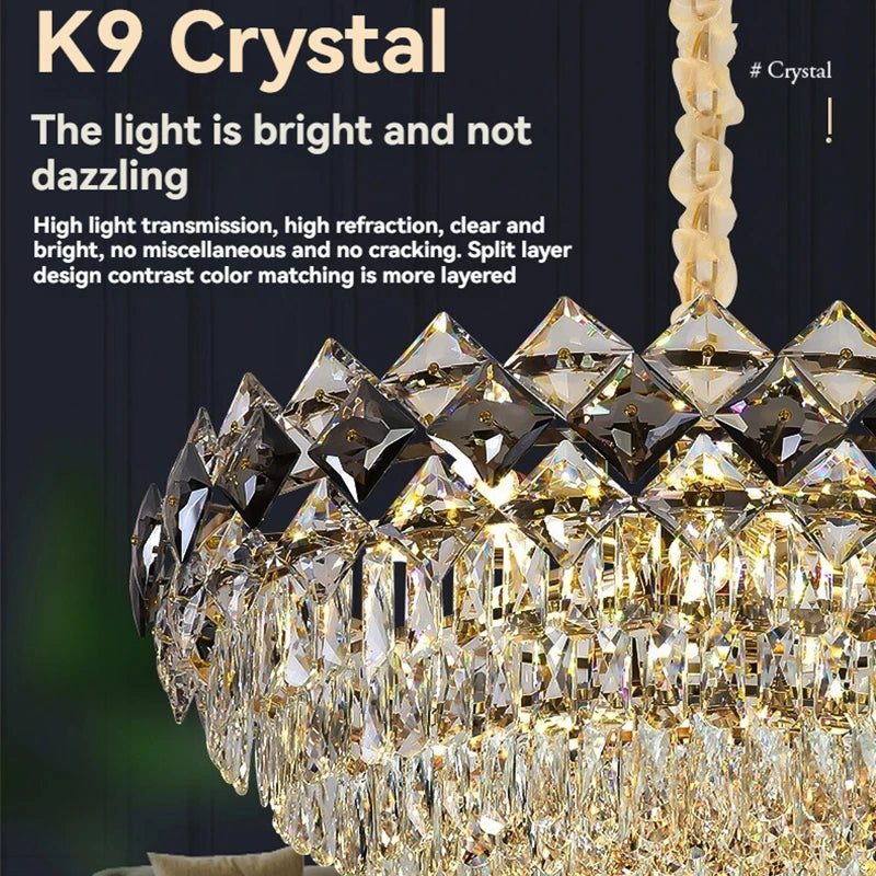 lustre cristal géométrique doré moderne élégant salon lumière chaîne vitrail haute qualité