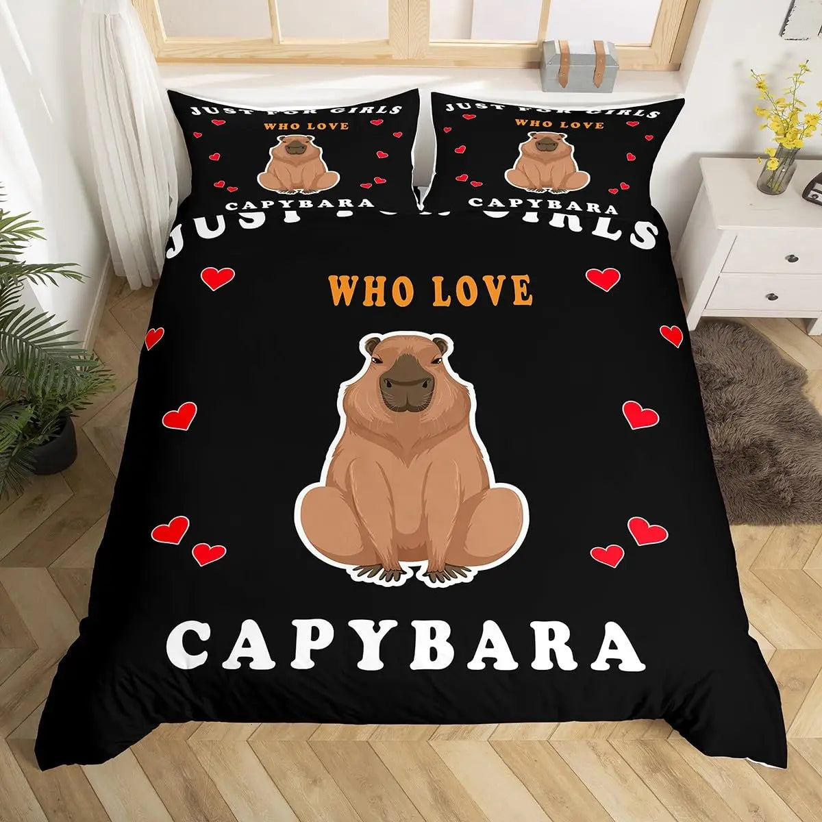 Détail de l'impression 3D capybara et abeille miel sur la housse de couette