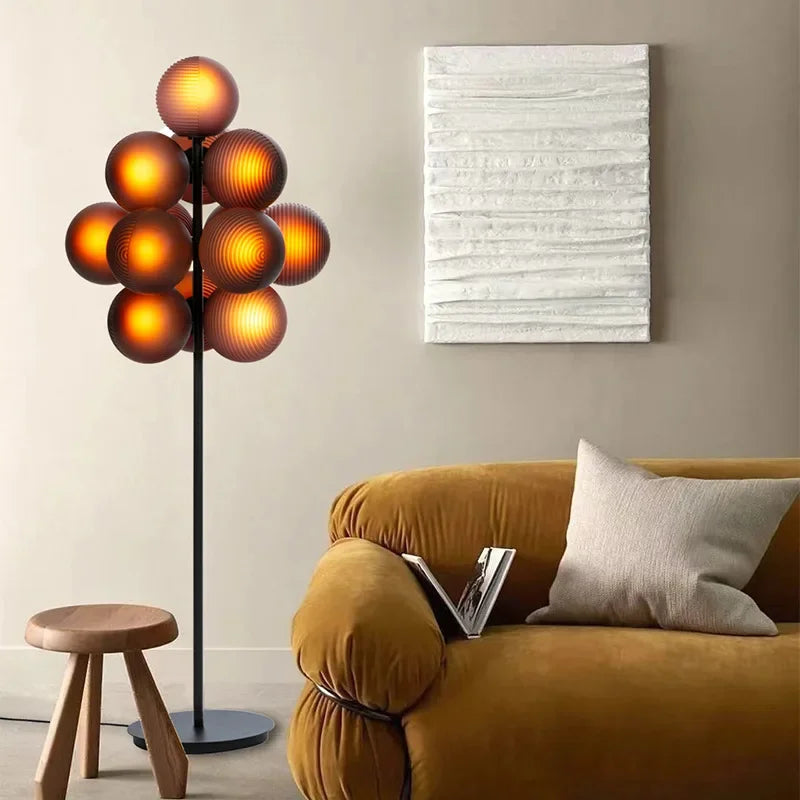 lampe sol led moderne blanc marron gris verre dépoli texture papier japonais interrupteur bouton