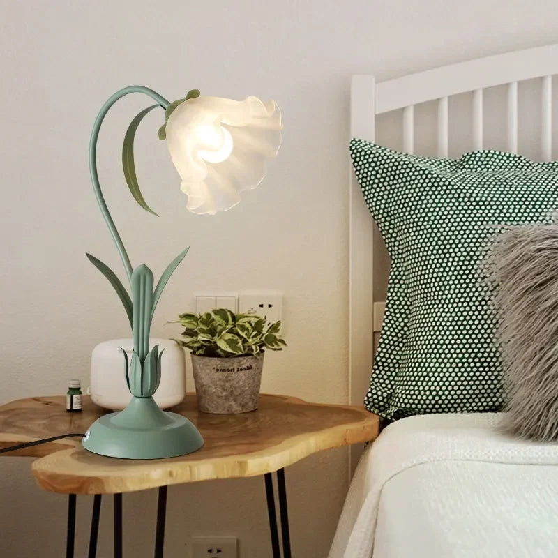 lampe table moderne fleur vert rose abat jour blanc chambre coucher led verre trempé