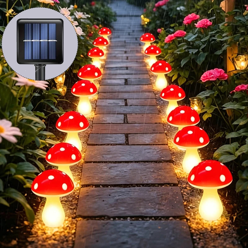 lampe solaire led champignon rouge blanche jaune moderne décoration extérieure jardin patio chemin ip65