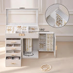 boîte bijoux simili cuir blanc moderne poignées dorées velours intérieur portable 360 degrés rotation