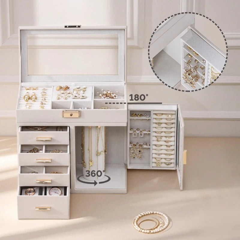 boîte bijoux simili cuir blanc moderne poignées dorées velours intérieur portable 360 degrés rotation