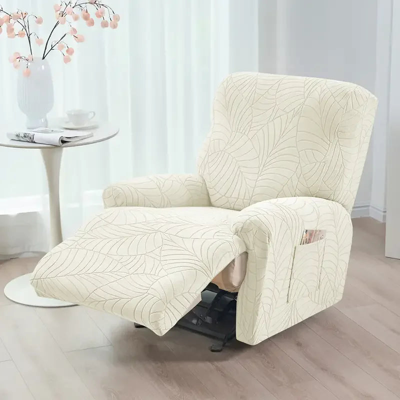 Housse fauteuil inclinable vert feuilles stylisées moderne adhésif poche polyestère jacquard extensible