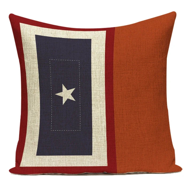 housse coussin décorative carrée motif géométrique bleu marine rouge beige coton salon moderne