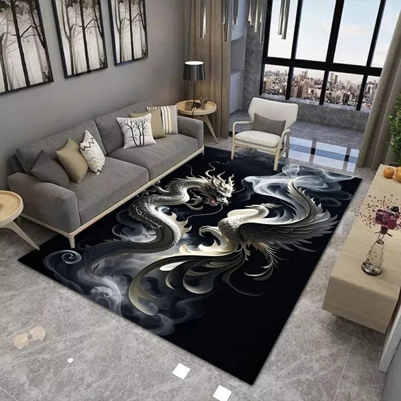 tapis salon moderne motif dragon phénix yin yang décorations chinoises multicolore 160x120cm polyester