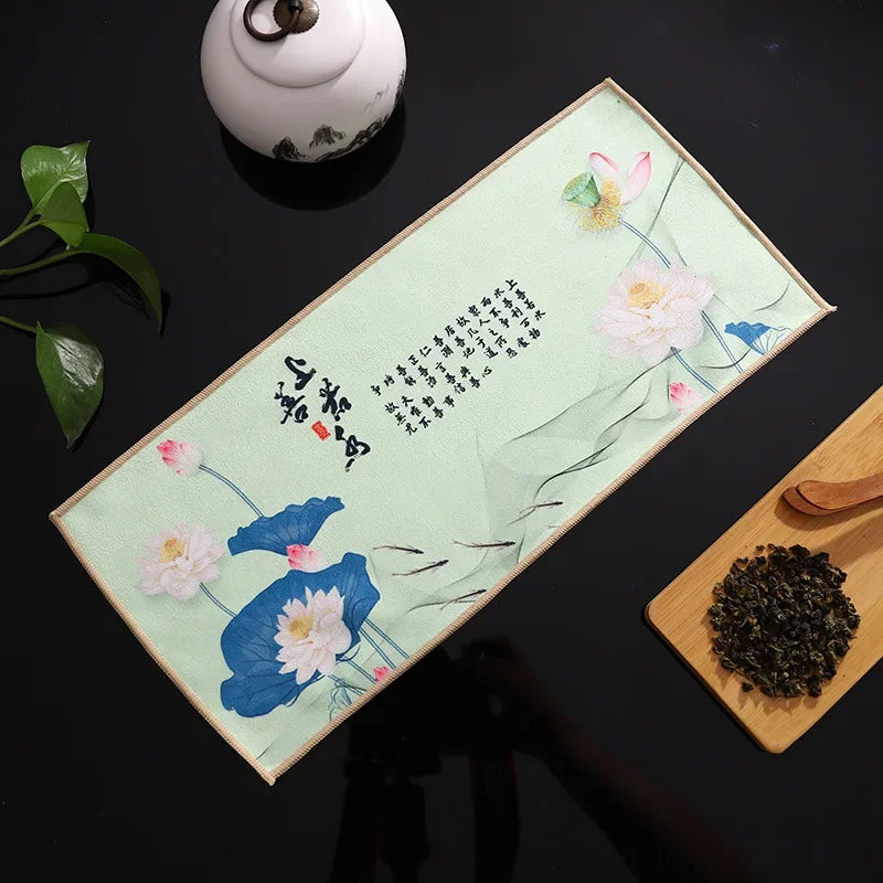 serviettes thé vert bleu beige peinture chinoise motifs floraux art traditionnel zipper cuisine