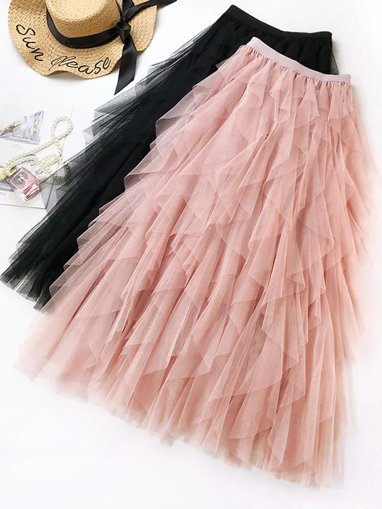 jupe féminine tulle élégante bleu clair noir rose pâle translucide plissée haute élasticité coton