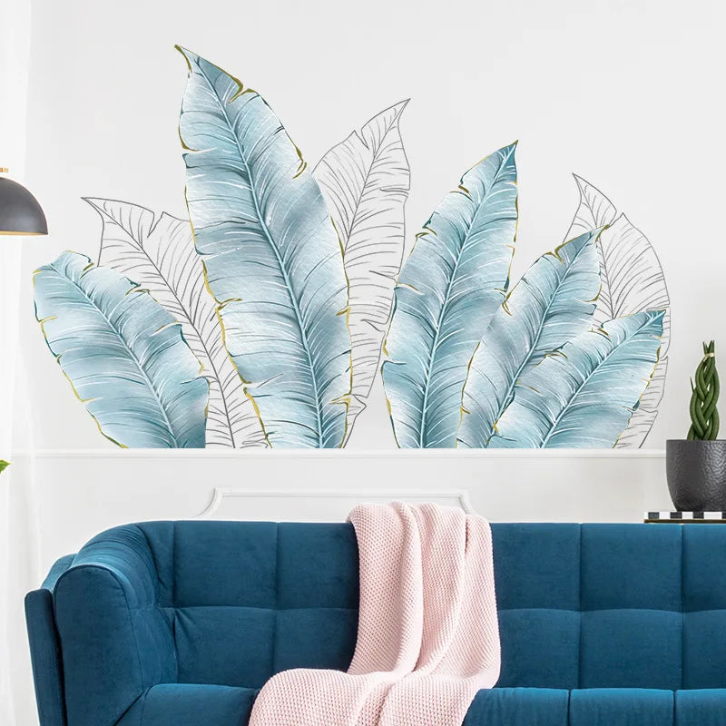 sticker mural feuilles palmier bleu clair blanc doré moderne décoration intérieure adhésif auto collant