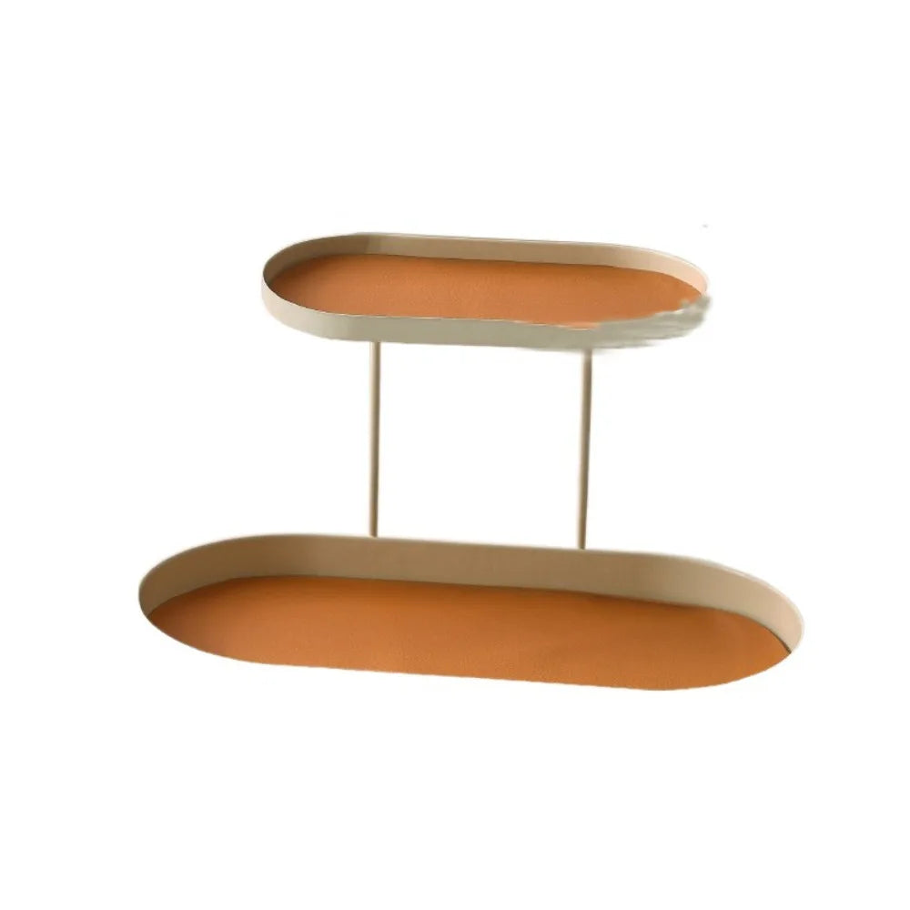 support cosmétiques moderne plateau bijoux flacons parfum crème bougie beige orange noir vert
