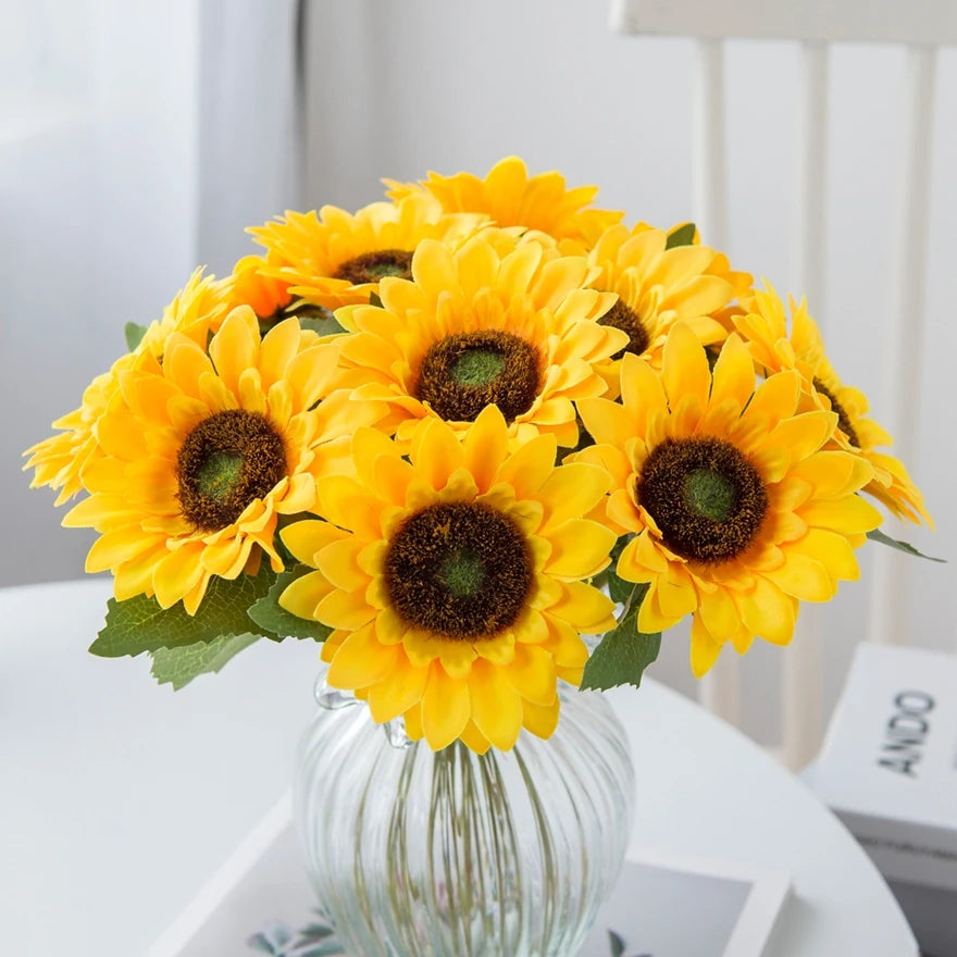bouquet fleurs artificielles tournesol jaune feuilles vertes deco moderne exterieur intérieur fête anniversaire mariage