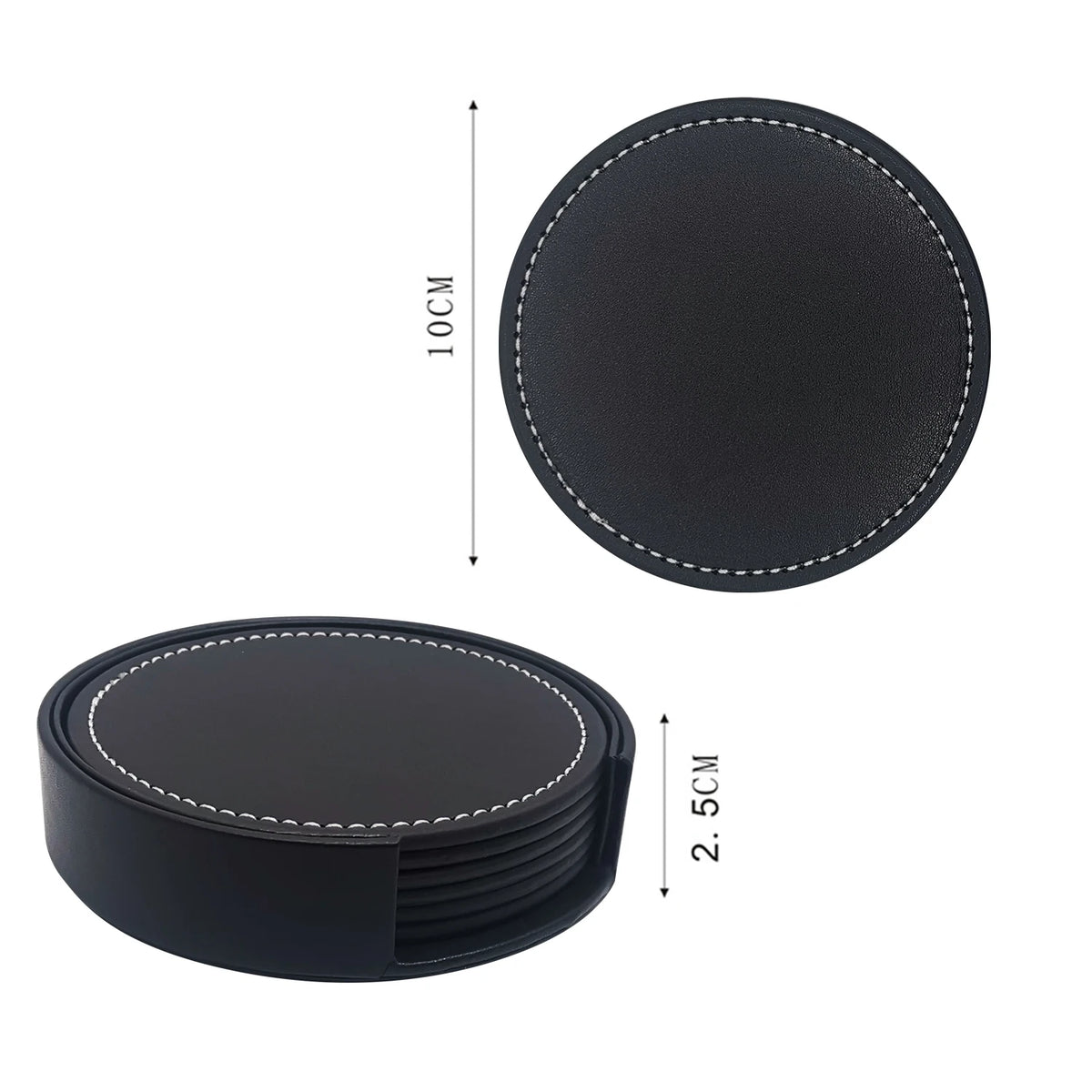 Ensemble de sous-verres ronds en cuir noir avec coutures apparentes pour une finition élégante.