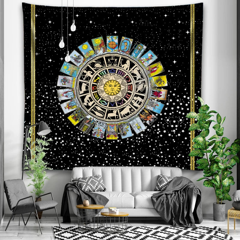 tapisserie zodiaque tarot astrologique noir doré classique chambre décoration muristique bohème