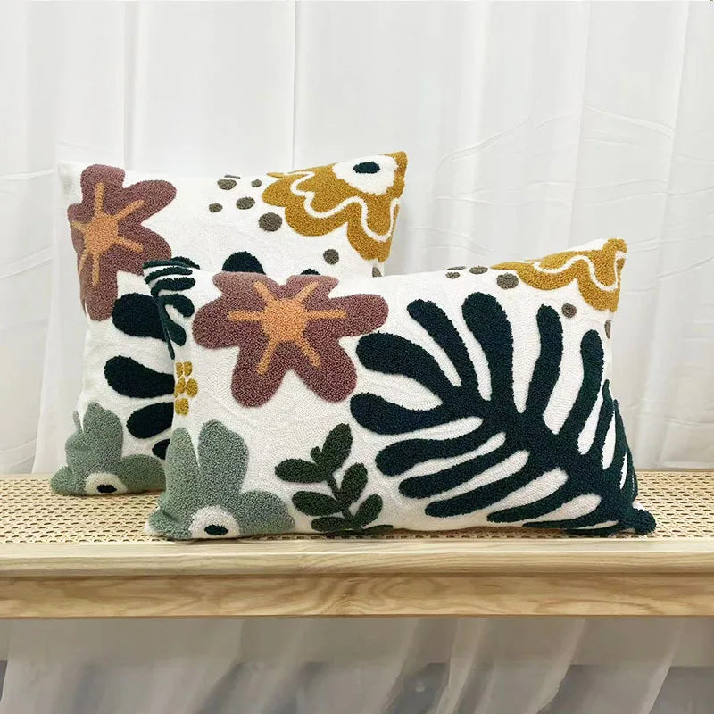 coussin tufté brodé fleur nordique moderne 100 polyester blanc vert marron jaune adhésif décoration