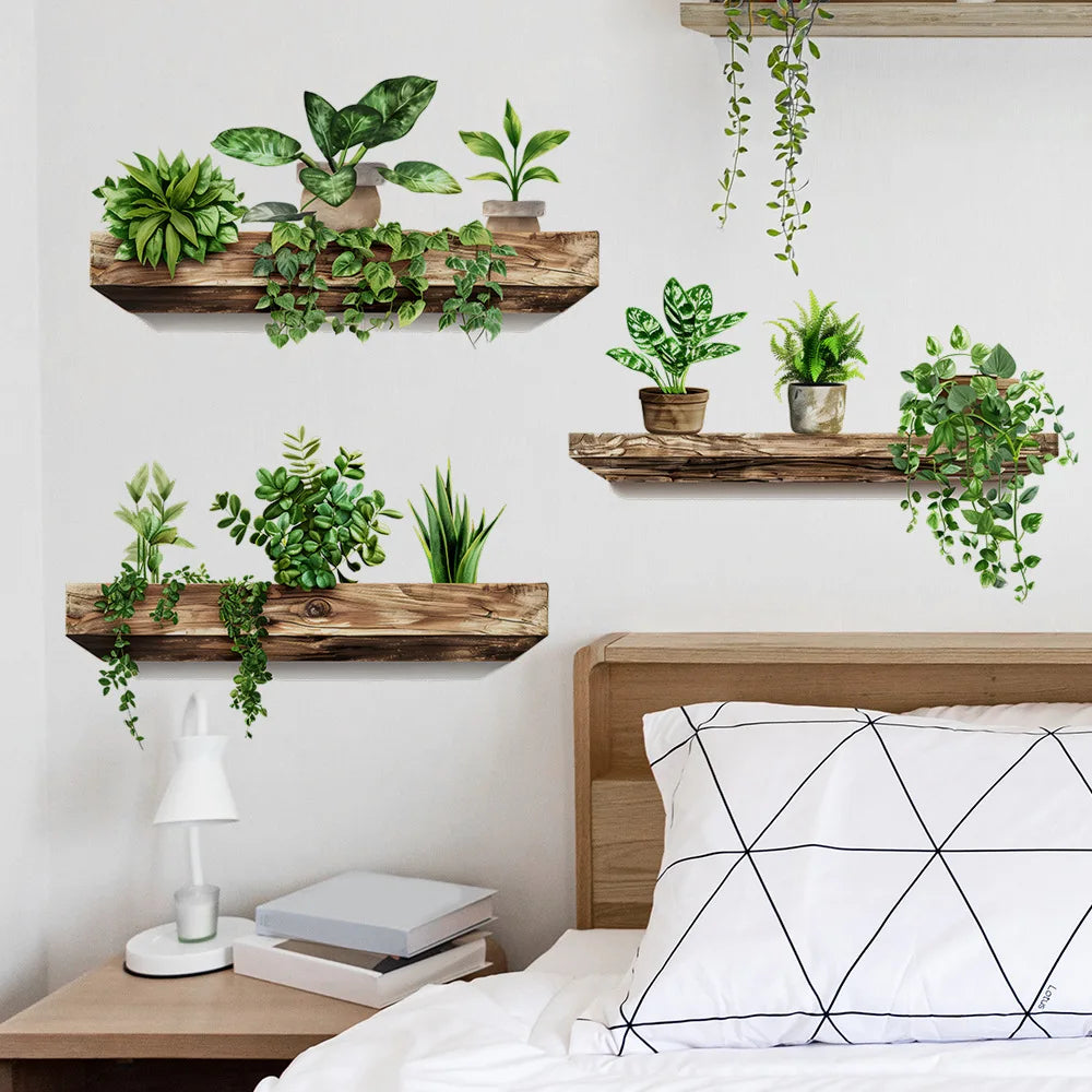 sticker mural étagère plante bois brun rustique moderne amovible pvc opacité naturel