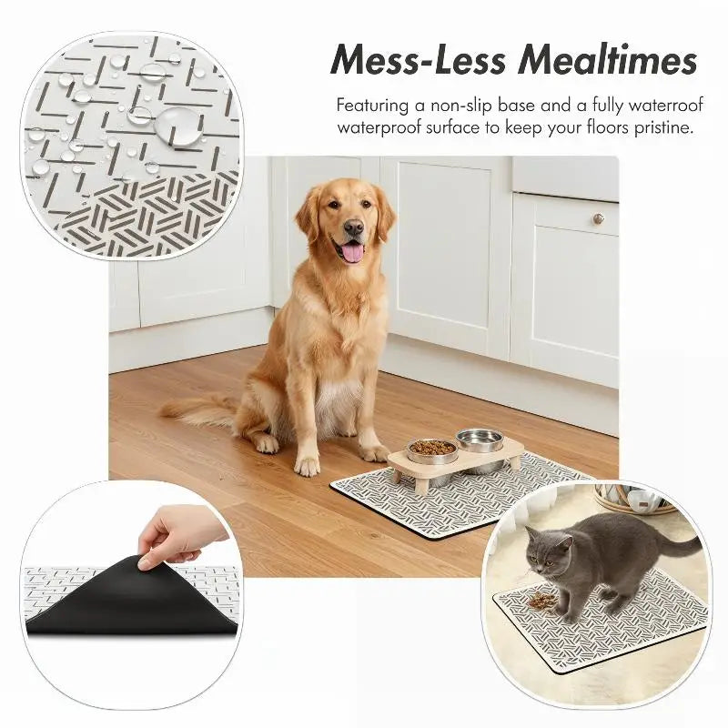 tapis nourrir animal blanc gris motif géométrique moderne anti dérapant deux bols métal