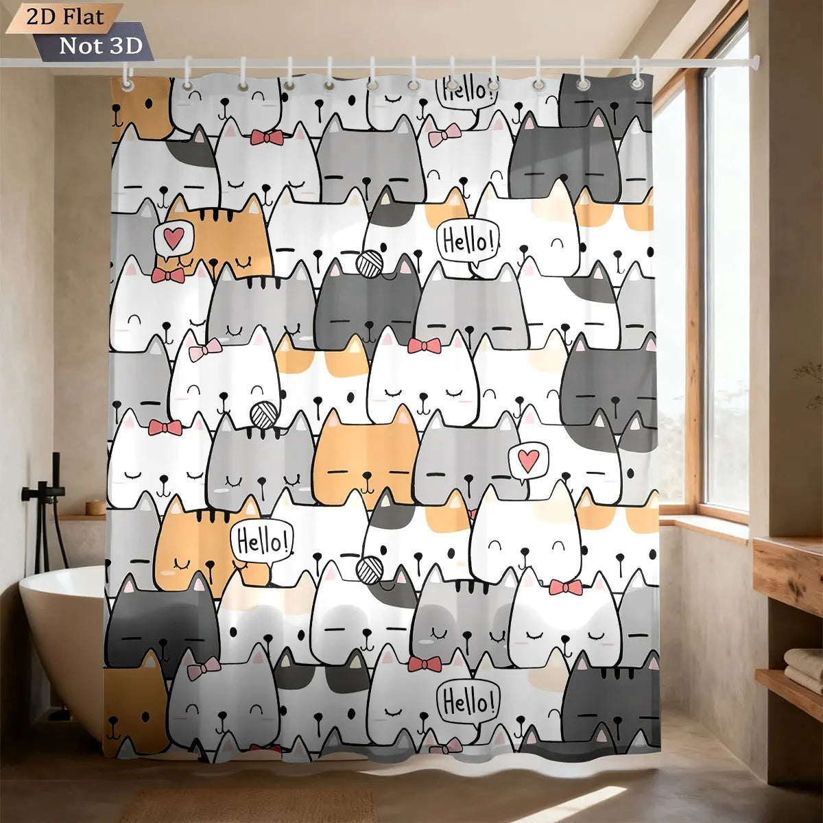 rideau douche imperméable chat dessin animé mignon exprime hello crochets gris blanc orange rose