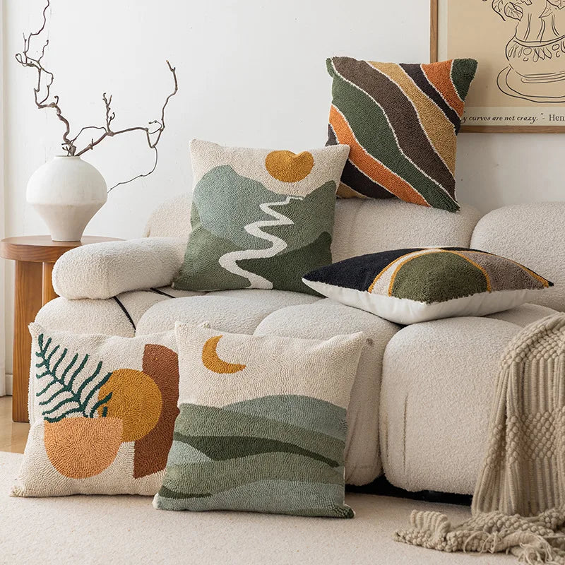 taie d'oreiller géométrique abstraite brodée vert beige boho chic coussin tufté 45x45cm motifs linéaires