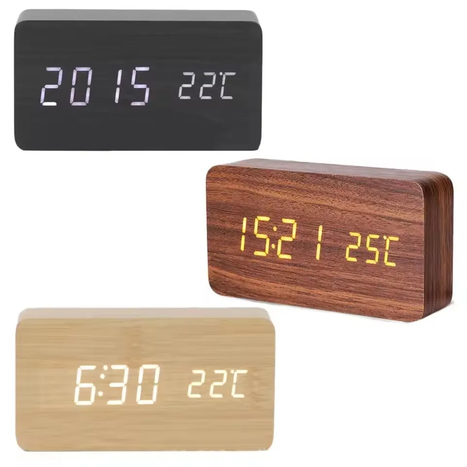 horloge numérique bois naturel affichage led alarme température moderne minimaliste