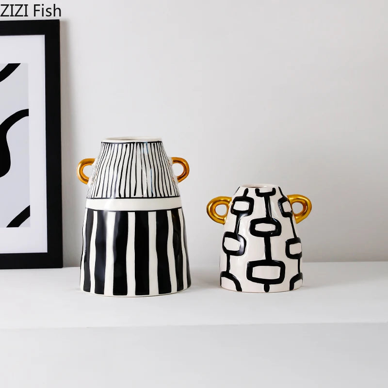 vase céramique rayures noires blanches moderne décoration intérieure arrangement fleurs artificielles minimaliste