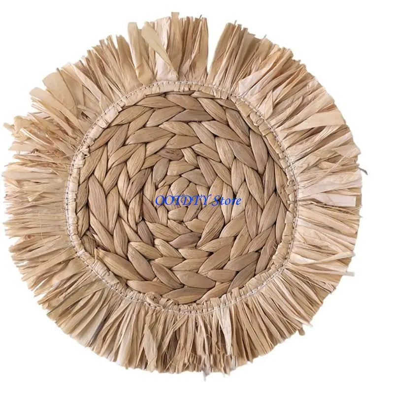 assiettes paille naturel beige vert clair tissage traditionnel franges blanches rustique boho chic