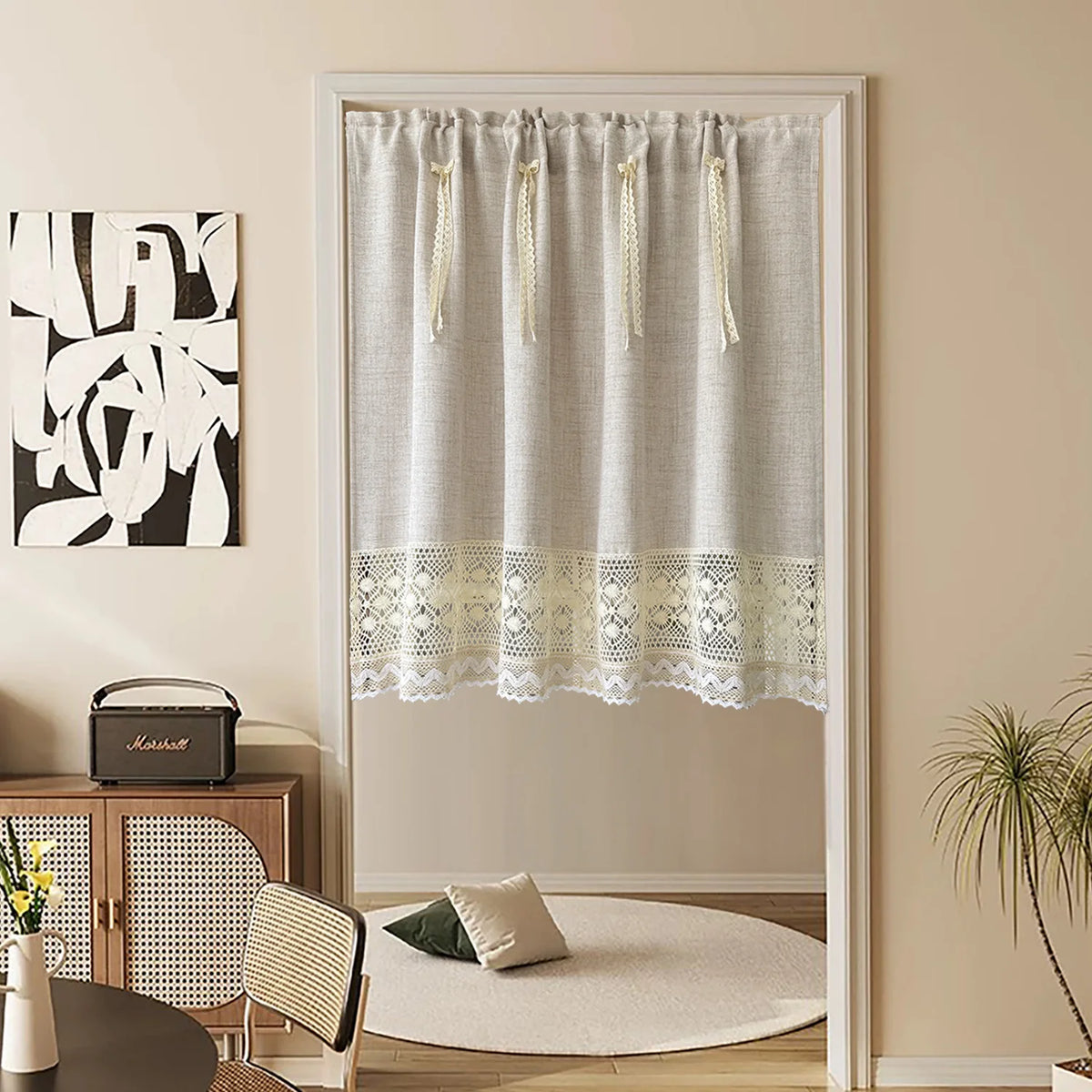 rideau polyester opacité beige clair texture lin bordure dentelle classique rustique