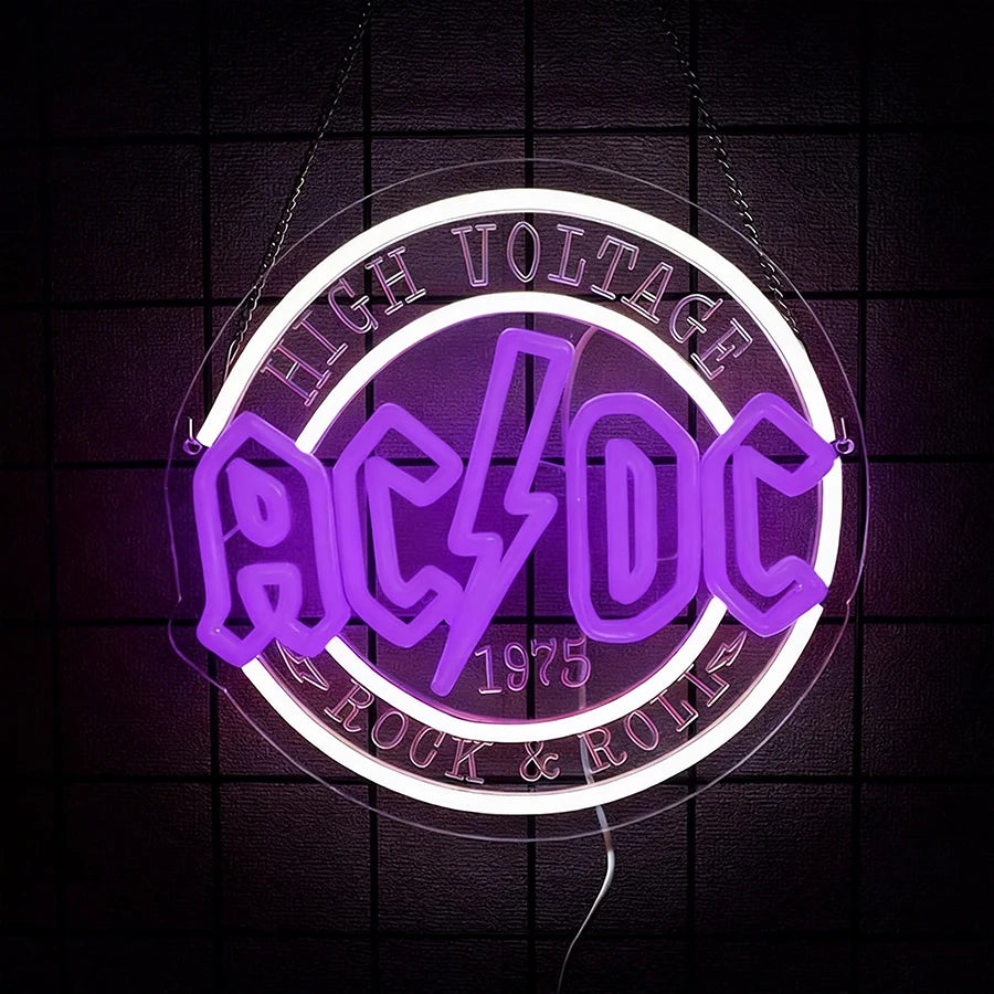 néon lumineux rock roll ac dc high voltage couleurs vives logo texte fixations
