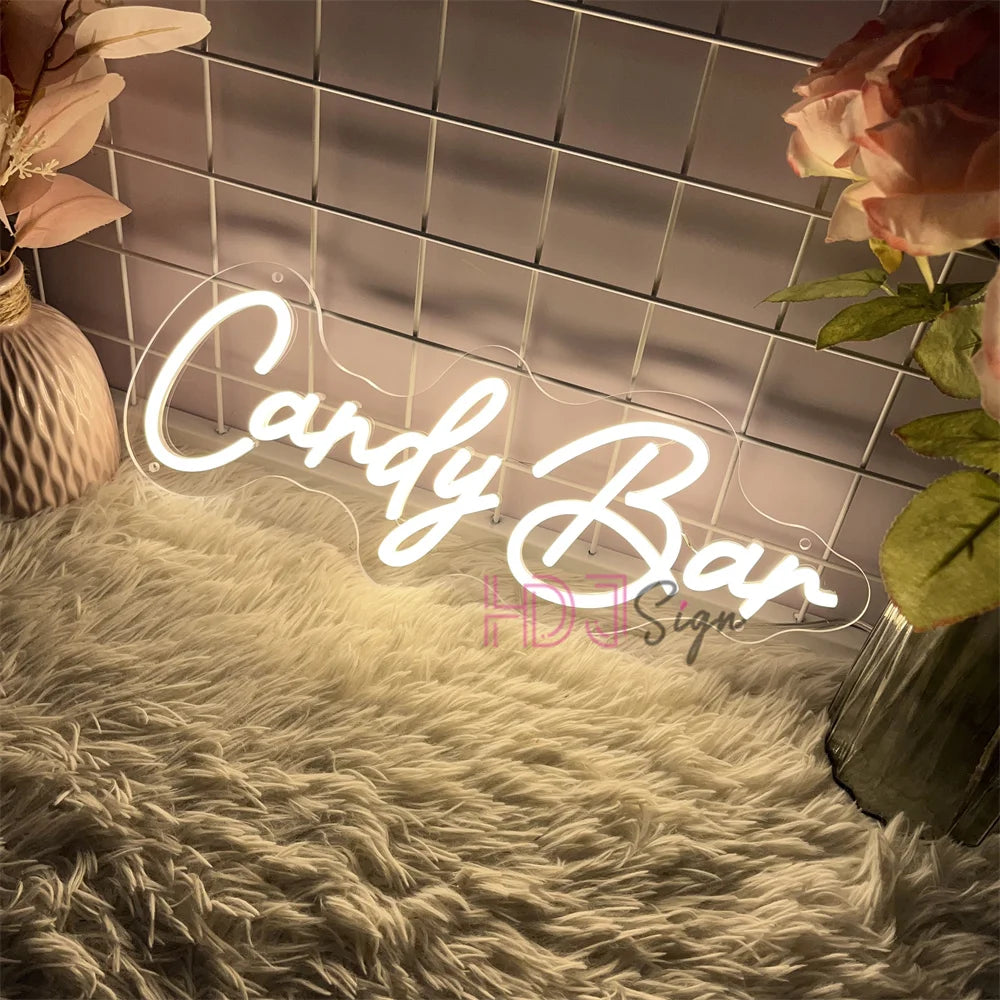 enseigne lumineuse néon Candy Bar blanc décoration chambre enfants mur opaque moderne
