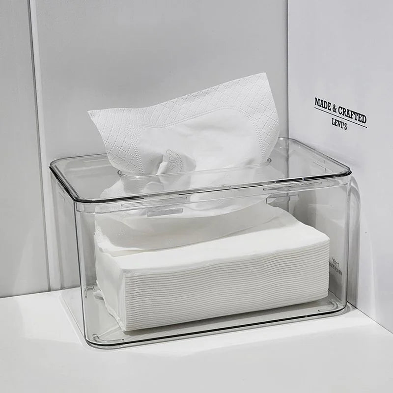 boîte mouchoirs transparente moderne poignée plastique papier mouchoir blanc dimension 18cm 11.5cm 9.5cm minimaliste