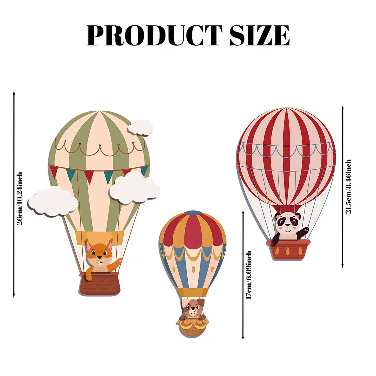 décorations murales bois ballons air chaud rayures nuages animaux mignons vert beige rouge blanc