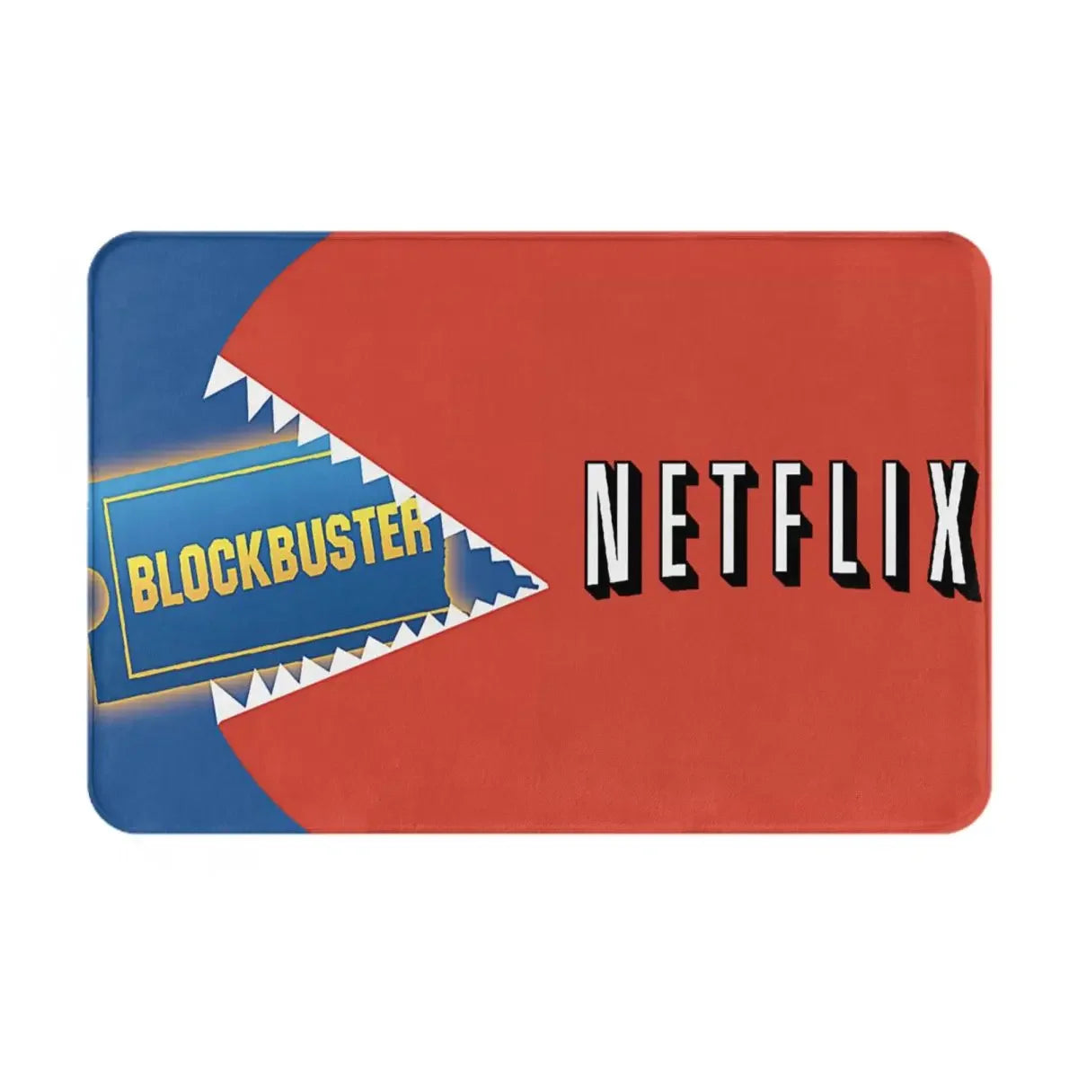 tapis sol antidérapant imperméable coton polyester bleu foncé jaune motif blockbuster video rétro duveteux