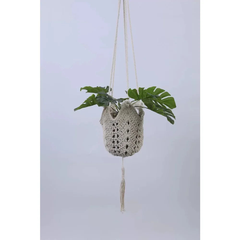 panier suspendu boho chic tissé motifs floraux jaune clair crochets métalliques deux cordons suspension