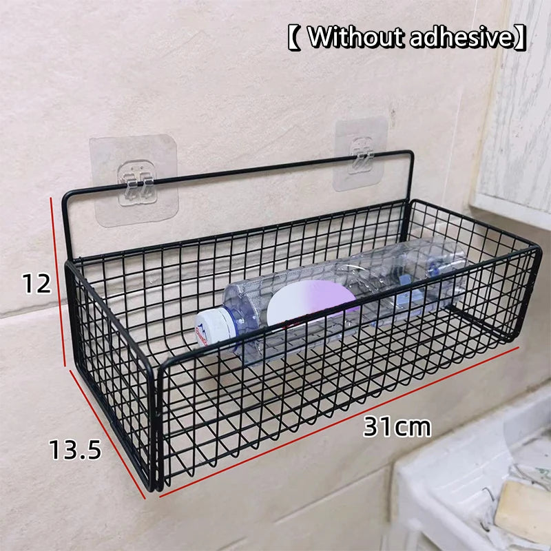 paniers métalliques noir maille fine adhésif minimaliste stockage cuisine salle bain sans perçage
