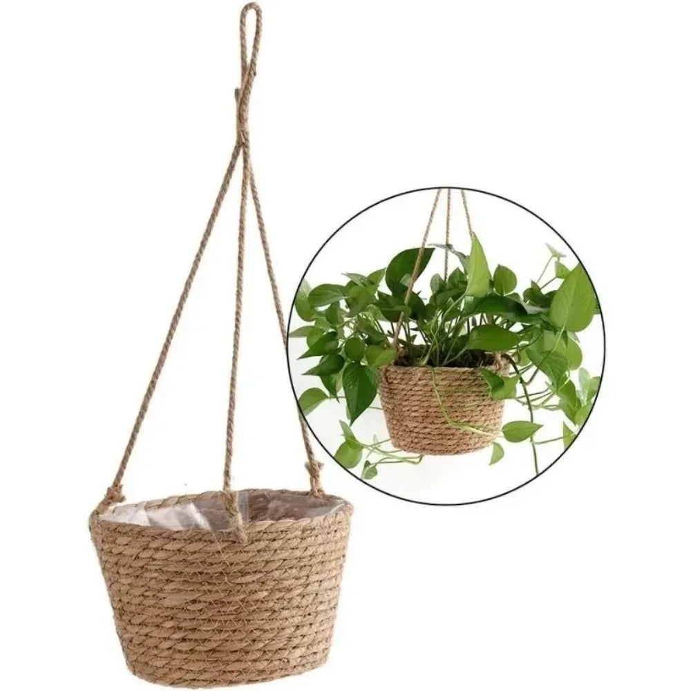 panier suspendu marron clair tissé fibres naturelles rustique plante intérieur extérieur cordelette décoration fleurs