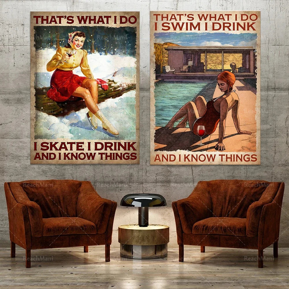 Deux affiches rétro représentant des activités récréatives et de loisirs, entourées de meubles vintage dans un décor industriel.