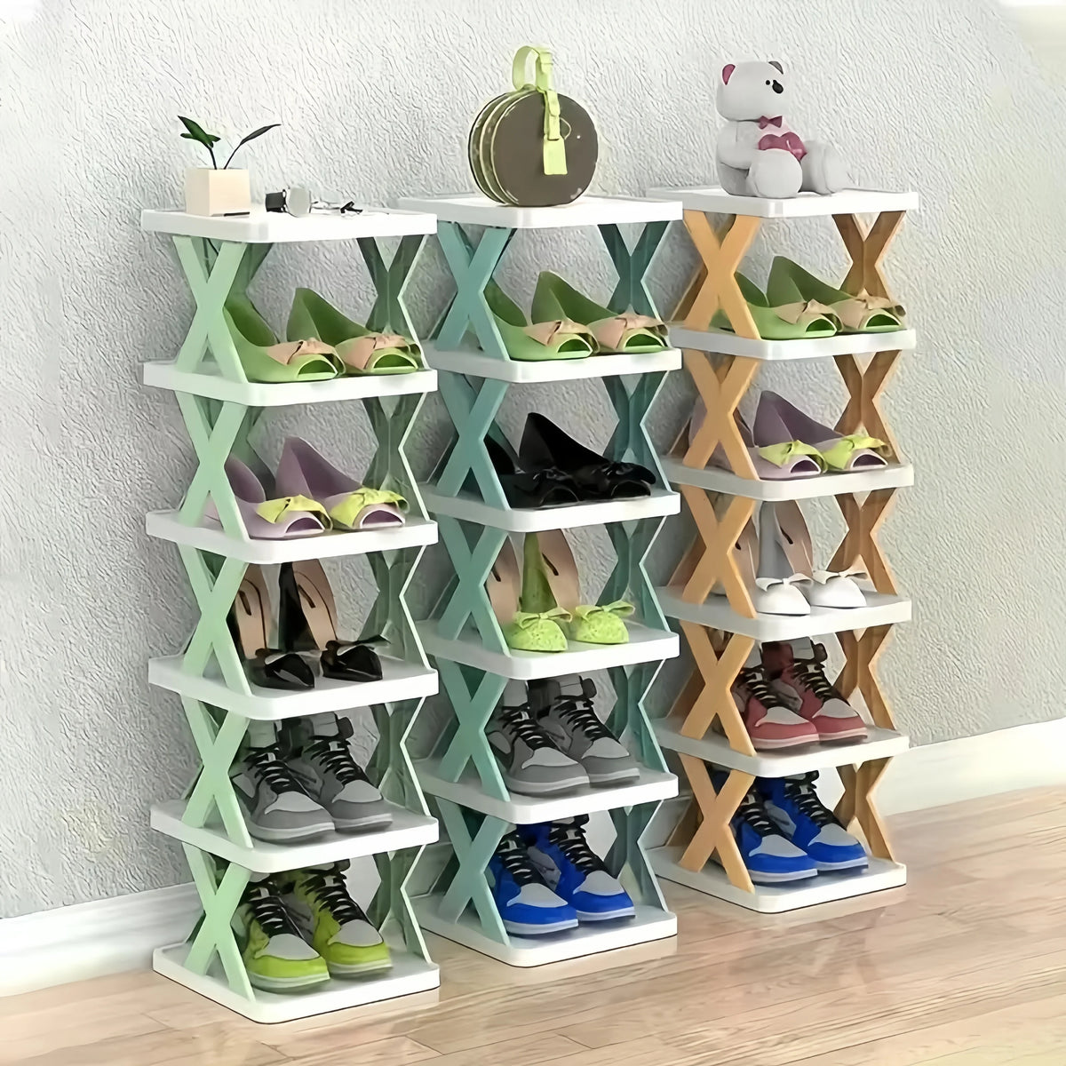 étagère chaussures moderne niveaux blanc vert orange minimaliste rangement chambre entrée