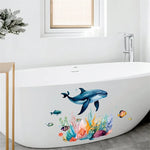 Autocollant mural posé sur carrelage de salle de bains bleu