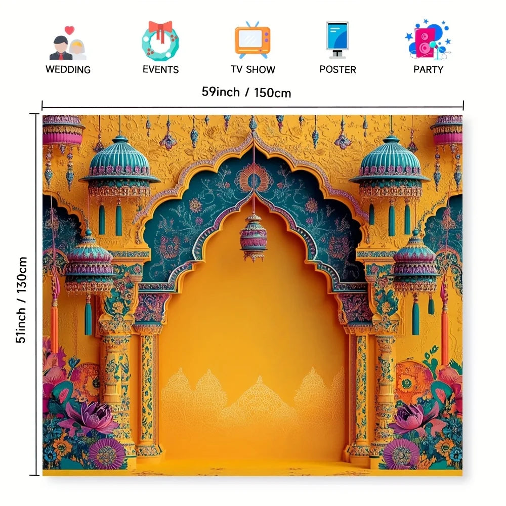 toile fond décoration murale indienne arches colonnes motifs floraux jaune orange violet occasionnelle festive
