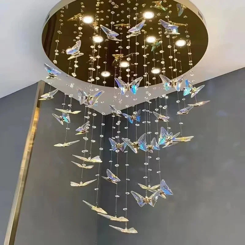 suspension lumineuse moderne papillons cristal bleu transparent élégante lumière chaînes haute qualité