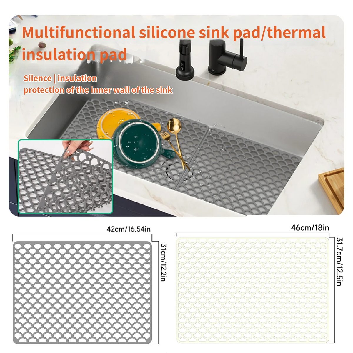 tapis silicone multifonctionnel moderne gris texture écailles respectueux environnement antidérapant protection évier cuisine