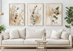 tableaux abstraits minimaliste fleurs séchées naturels beige gris vert cadres floraux decoration chambre triptyque