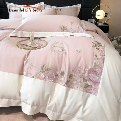 Parure de lit broderie fleurs roses coton égyptien 600TC