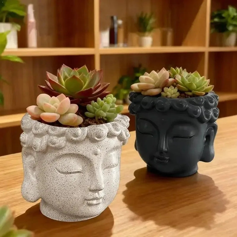 pots plantes tête bouddha succulentes zen spiritualité décoration jardin ornement blanchâtre textures granuleuses motifs